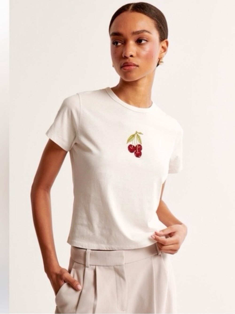 Abercrombie & Fitch Women's Cream Cherry Embroidered Tee